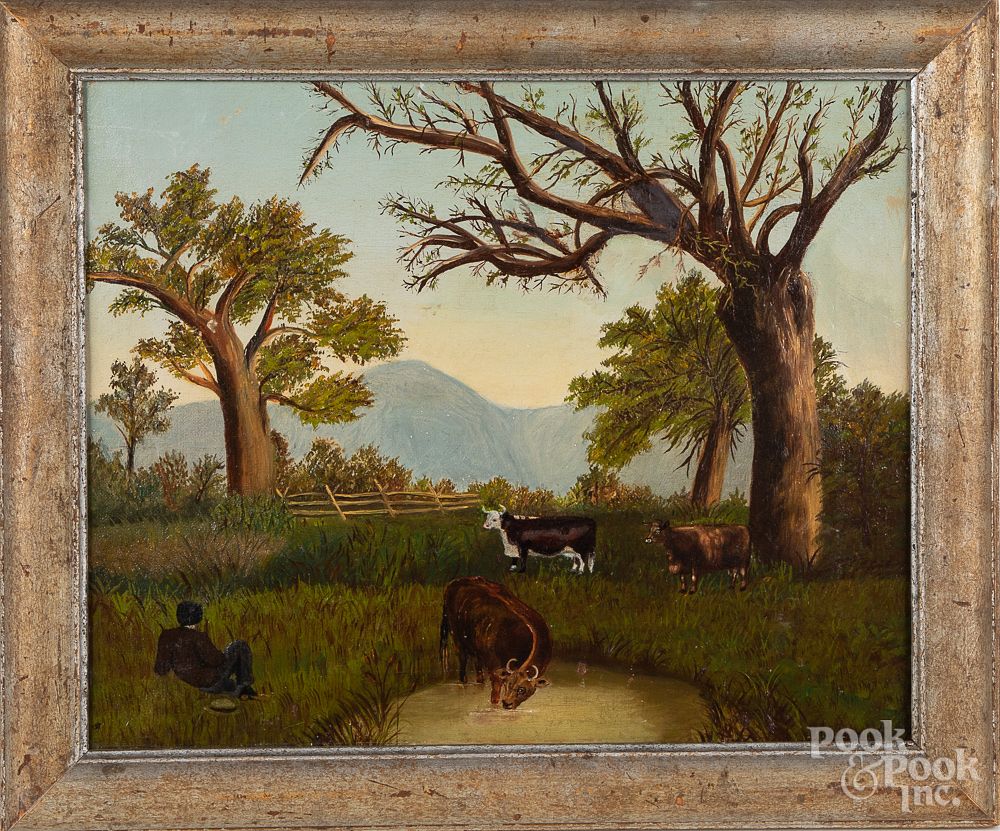 Appraisal: American oil on canvas primitive landscape American oil on canvas