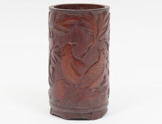 Appraisal: BAMBOO BRUSH POT Chinese Circa Carved with birds among foliage