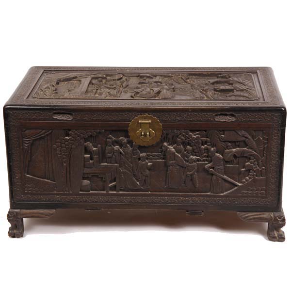 Appraisal: Chinese carved camphor chest with court scenes in high relief