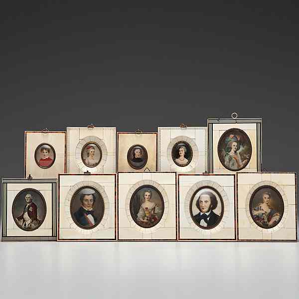 Appraisal: Ten Framed Continental Miniatures on Ivory Continental A group of