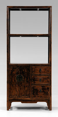 Appraisal: Chinese black-lacquered bookcase mortise-and-tenon construction two open shelves over two