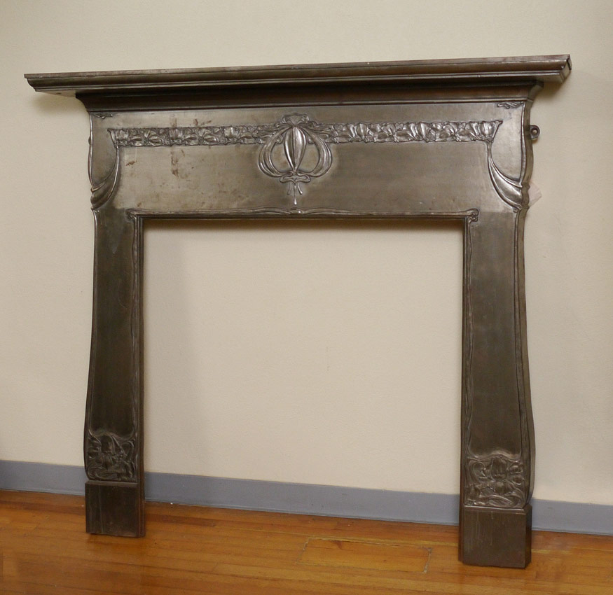 Appraisal: METAL ART NOUVEAU FIREPLACE SURROUND Patinated silver cast metal surround