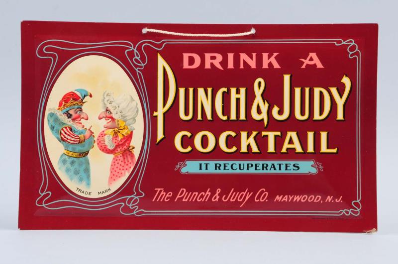 Appraisal: Circa Punch Judy Celluloid Sign Over cardboard with easel and