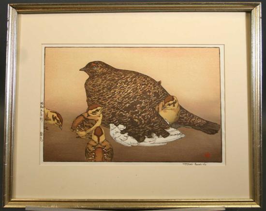 Appraisal: Yoshida Toshi Japn - Color woodcut of a mother bird