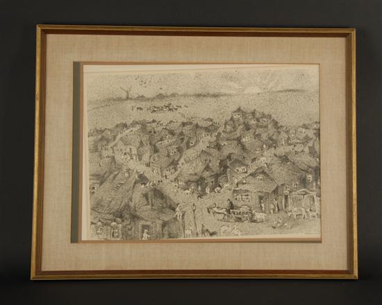 Appraisal: Mid- th C Engraving of Village Scene Illegibly signed lower