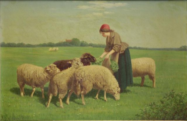 Appraisal: CARR Samuel S Oil on Canvas Woman Feeding Flockof Sheep