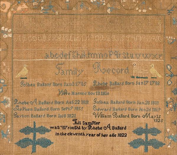 Appraisal: MASSACHUSETTS FAMILY RECORD SAMPLER wrought by Phebe A Ballard in