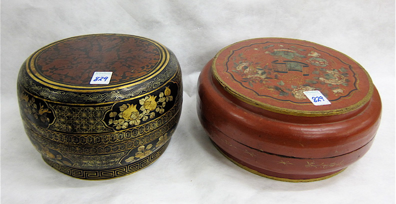 Appraisal: TWO ROUND CHINESE LACQUER BOXES both with hand painted decoration