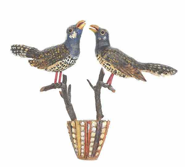 Appraisal: Carved and painted wall mount of two exotic birds h