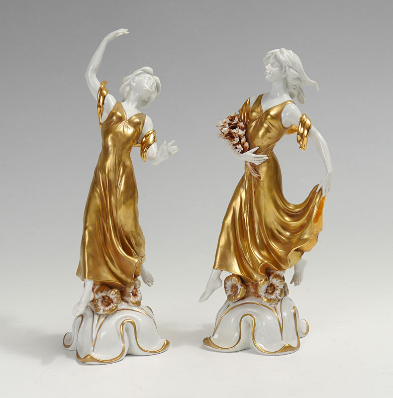 Appraisal: PAIR TICHE ITALIAN PORCELAIN FIGURINES Gilt decorated pair of maidens