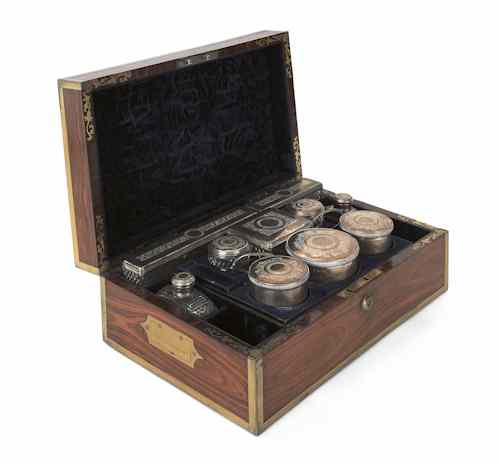 Appraisal: English silver and cut glass traveling dresser set with brass