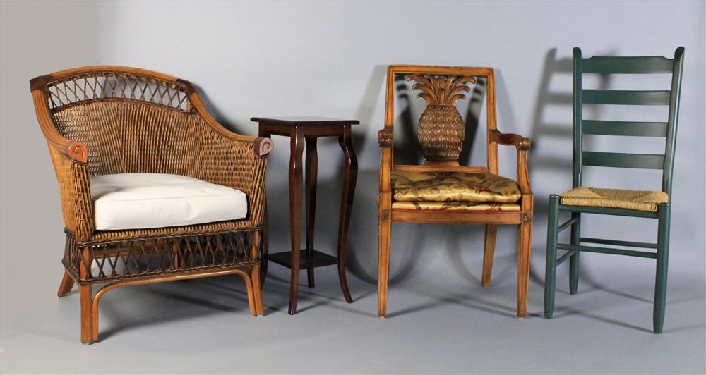 Appraisal: THREE ASSORTED CHAIRS AND A BOMBAY COMPANY PLANT STAND including