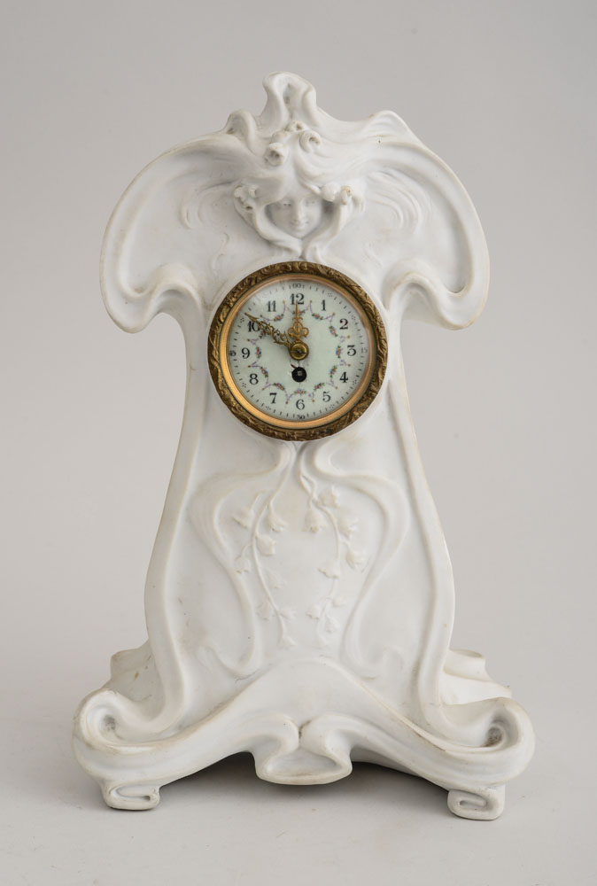 Appraisal: EUROPEAN ART NOUVEAU BISQUE PORCELAIN MANTLE CLOCK Unmarked the enamel