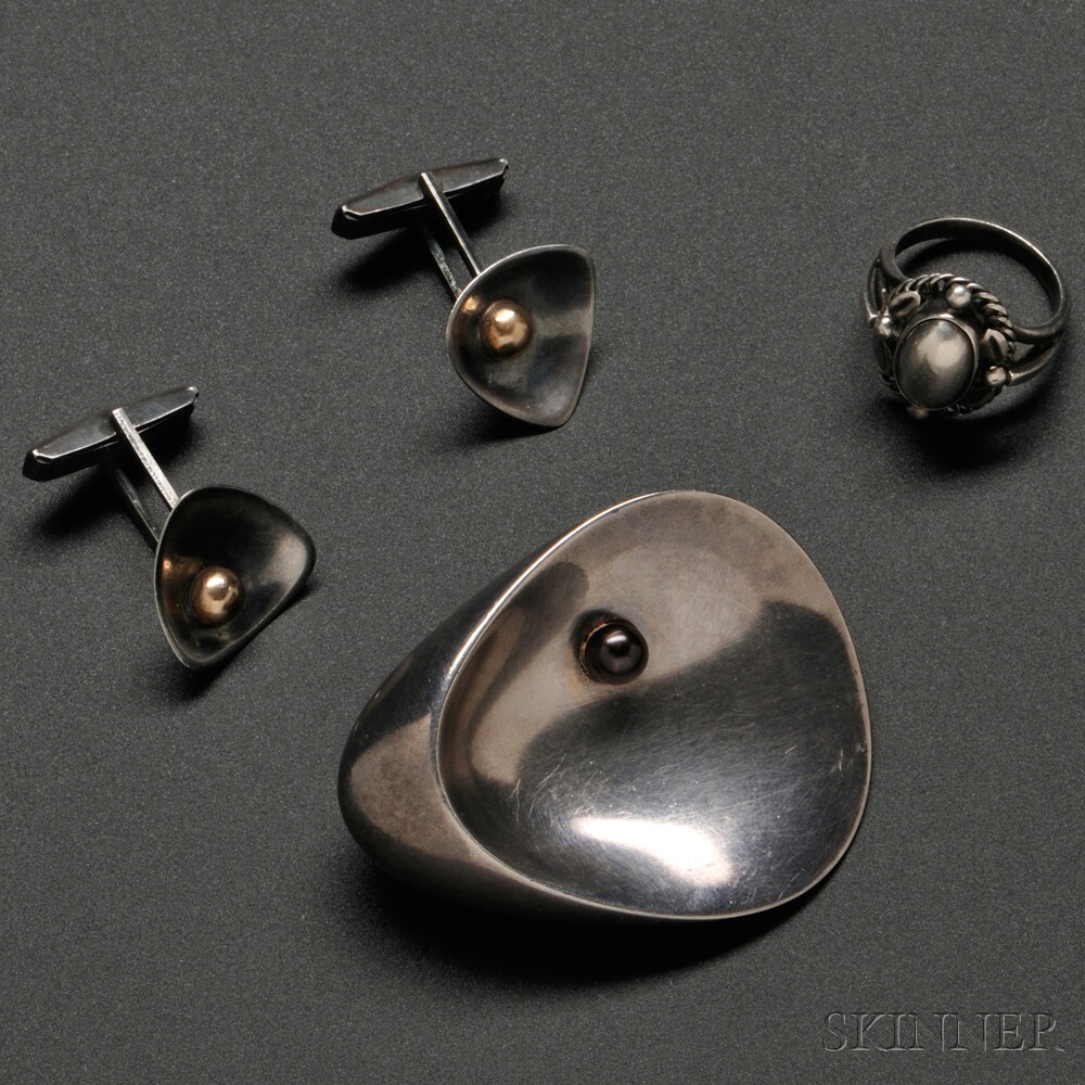 Appraisal: Georg Jensen Ring and Oyster Brooch and Modernist Cuff Links