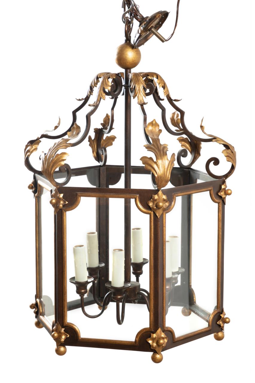 Appraisal: RENAISSANCE STYLE PARCEL GILT ENTRY LANTERN Hexagonal form iron entry