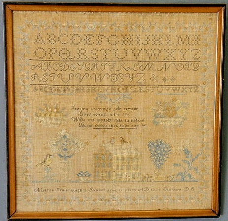 Appraisal: American sampler silk on linen wrought by Melissa Gratenburgh Aged