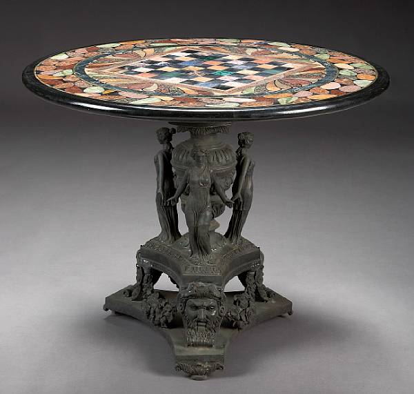 Appraisal: A Neoclassical style patinated bronze and specimen marble center table