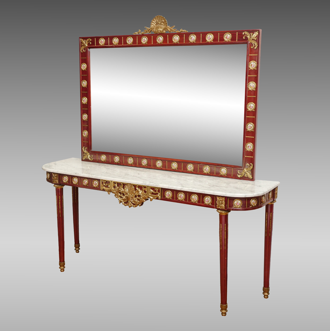 Appraisal: MARBLE TOP HALL TABLE MIRROR WITH PORCELAIN RHONDELS Table Approx