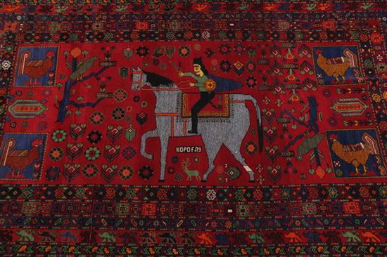 Appraisal: UZBEKISTAN RUG Depicting figure on horse and four roosters -