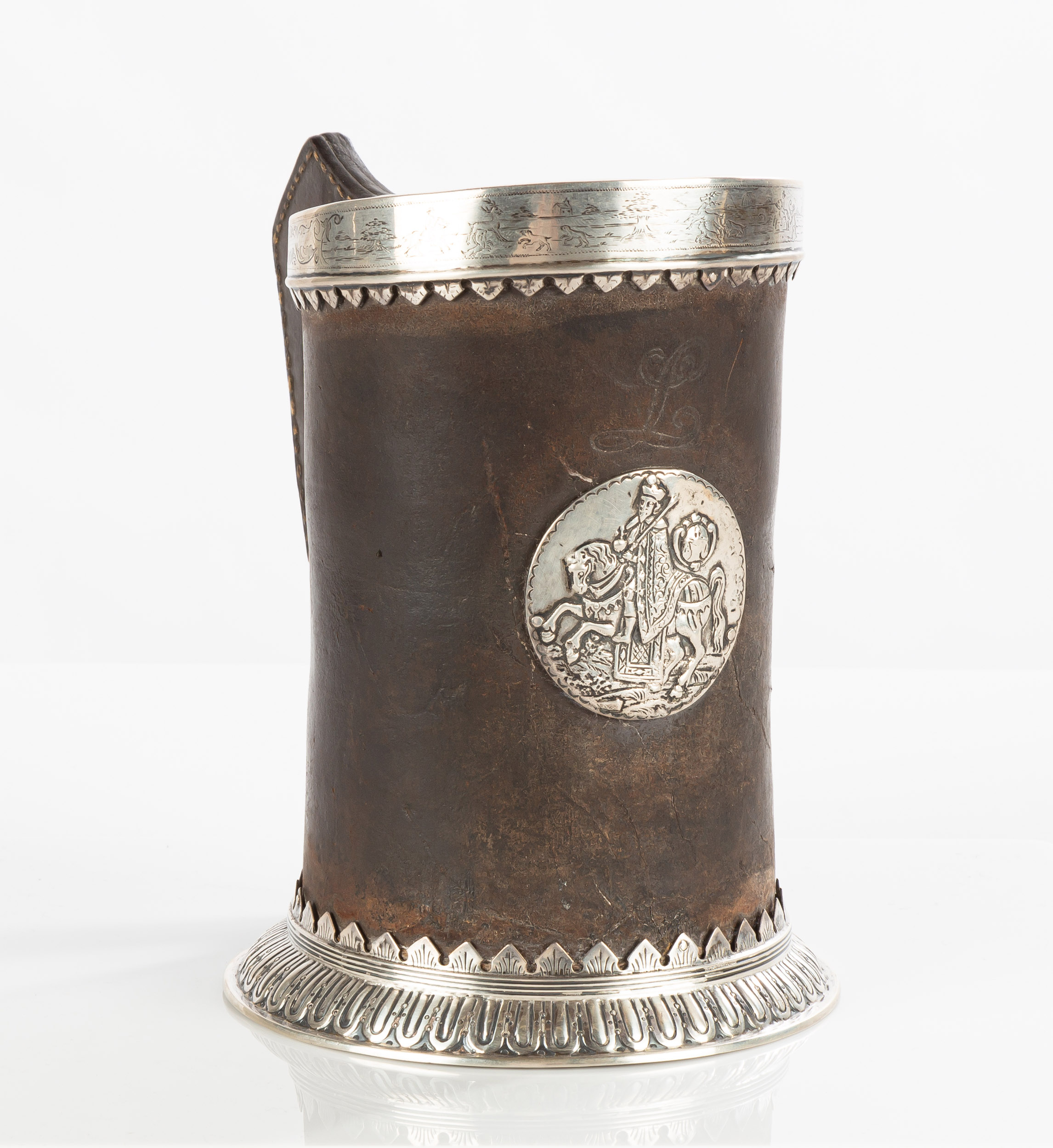 Appraisal: TH CENTURY SILVER-MOUNTED BLACKJACK The lip-mount engraved with a hunting