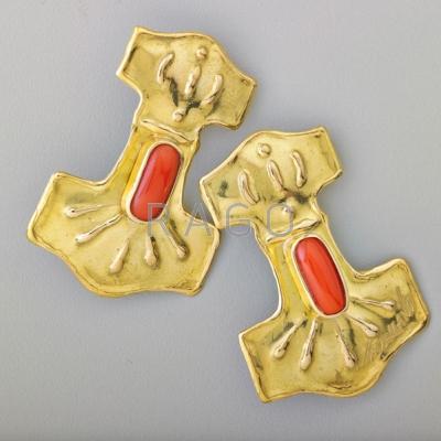 Appraisal: OXBLOOD CORAL K YELLOW GOLD EARRINGS Large hatchet forms with