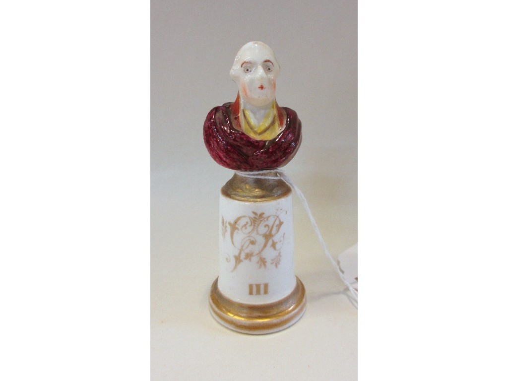 Appraisal: English commemorative porcelain candle snuffer with bust of George III