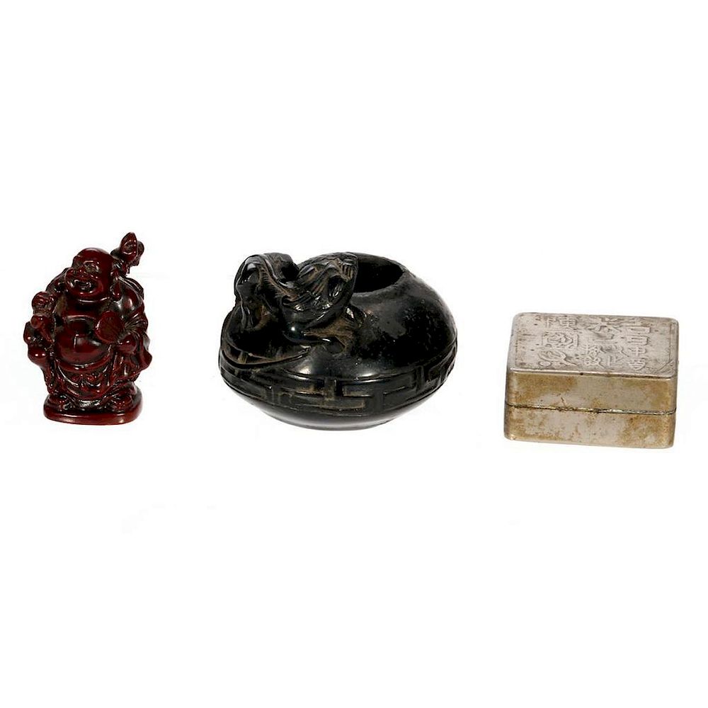 Appraisal: Lot of three Chinese desk objects A Chinese ink stamp