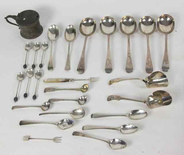 Appraisal: Five silver soup spoons London initialled a mustard pot lacking