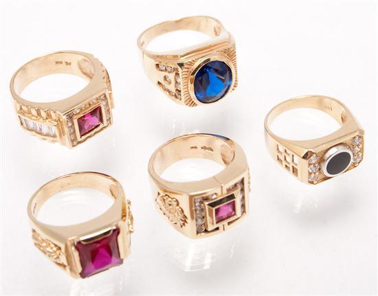 Appraisal: Five K yellow gold and gemstone rings grams