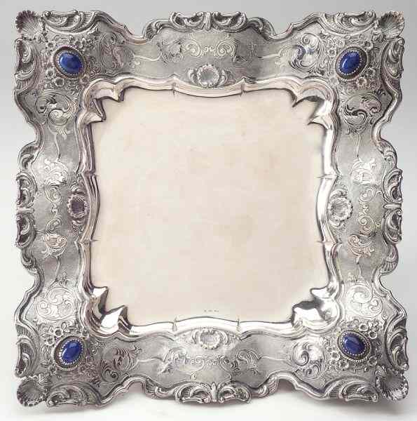 Appraisal: Ornate Jeweled Silver Serving Plattersquare form with undulating rim the