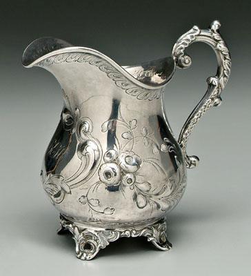 Appraisal: Charleston coin silver pitcher pear shape S-scroll handle repouss floral