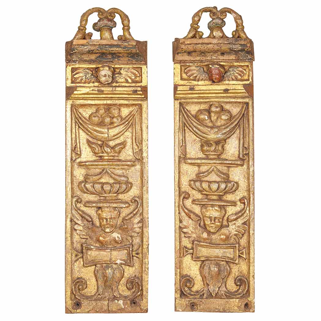 Appraisal: Pair of Renaissance Giltwood Architectural Panels Each pierced scrolling cresting