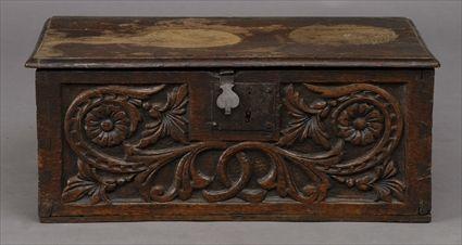 Appraisal: JACOBEAN-STYLE CARVED OAK BIBLE BOX The rectangular molded hinged lid