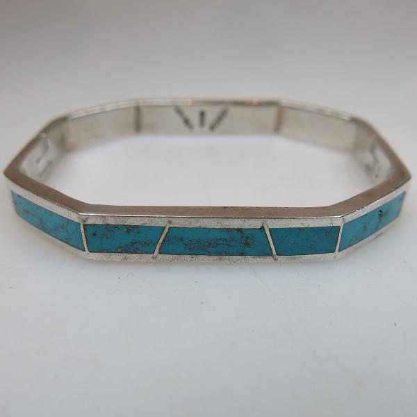 Appraisal: Mexican Silver Hinged Bangle with inlaid turquoise panels g weight