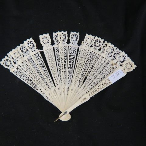 Appraisal: Chinese Carved Ivory or Bone Fan elaborate openwork