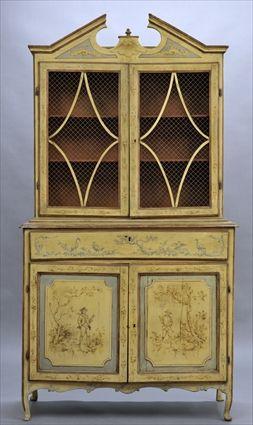 Appraisal: ITALIAN PAINTED BUREAU CABINET Architectural cresting above doors fitted with