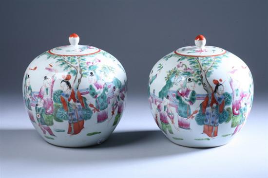 Appraisal: PAIR CHINESE FAMILLE ROSE PORCELAIN JARS AND COVERS each marked