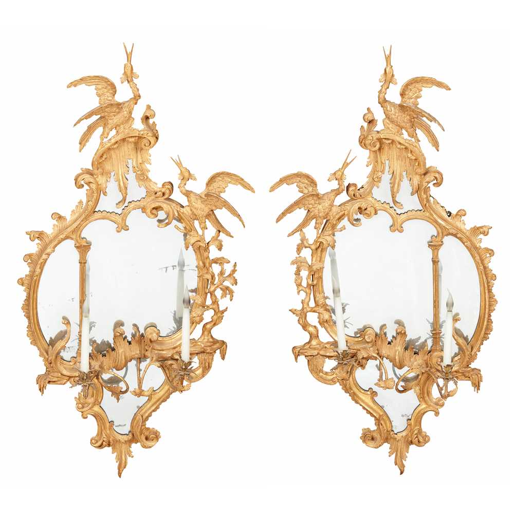 Appraisal: PAIR OF GEORGE III CARVED GILTWOOD GIRANDOLE MIRRORS IN THE