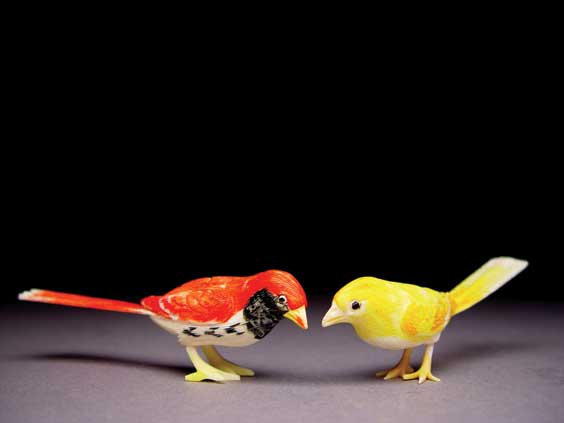 Appraisal: PAIR IVORY OKIMONO BIRDS Pair carved and polychromed ivory okimono