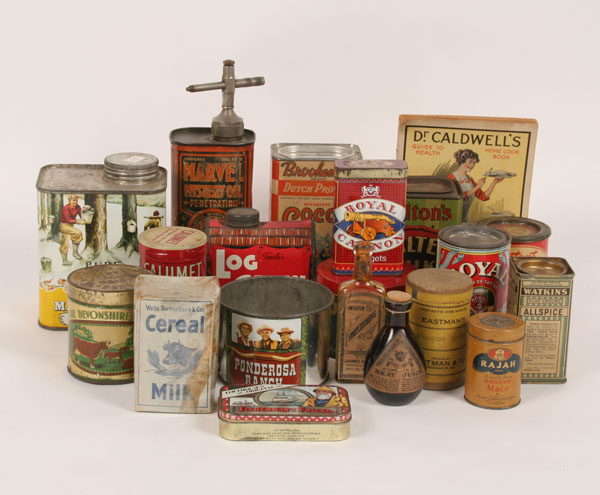 Appraisal: Includes log cabin syrup tins Watkins spice tin malted milk