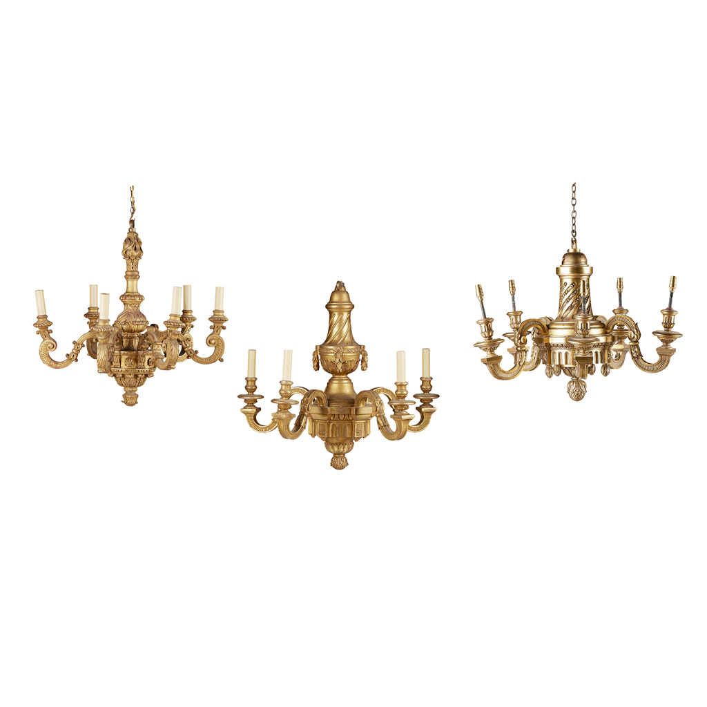 Appraisal: THREE FRENCH CARVED GILTWOOD CHANDELIERS each with a carved baluster