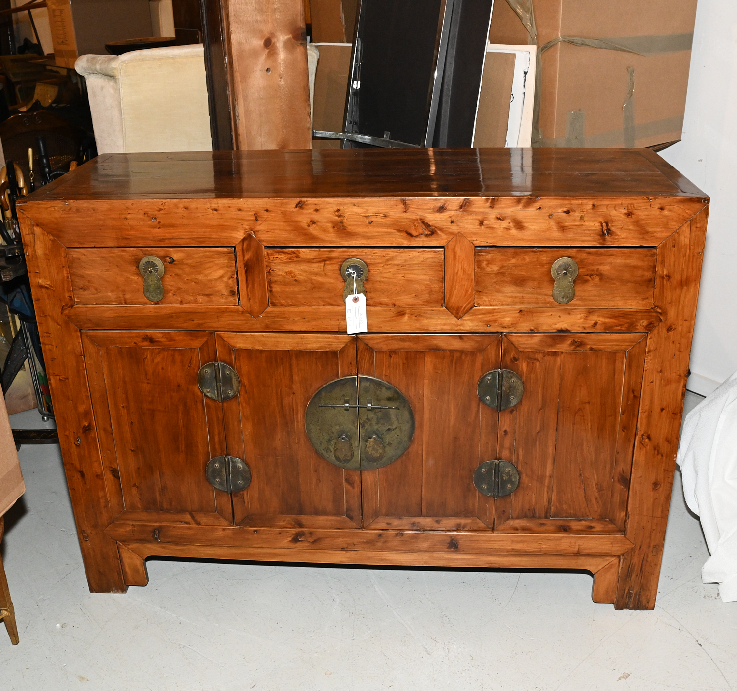 Appraisal: CHINESE HARDWOOD CABINET th th c -drawers above cabinet x