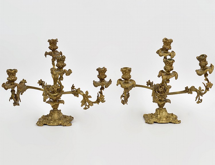 Appraisal: PAIR OF LOUIS XV STYLE GILT BRONZE FOUR LIGHT CANDELABRACirca