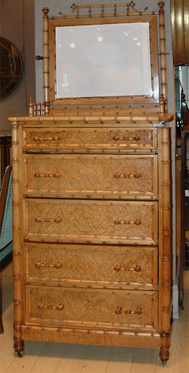 Appraisal: Victorian Style Faux Bamboo and Bird's-Eye Maple Tall Chest with