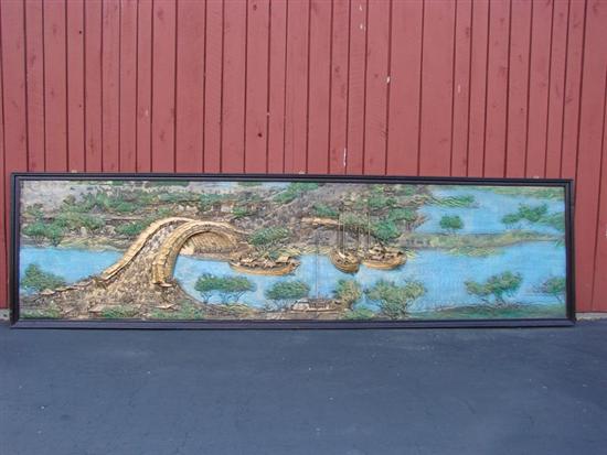 Appraisal: LARGE FRAMED ORIENTAL PANEL Plaster on wood relief carved Oriental