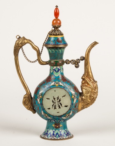 Appraisal: Chinese cloisonne jade-mounted wine pot cloisonne body with inset jade