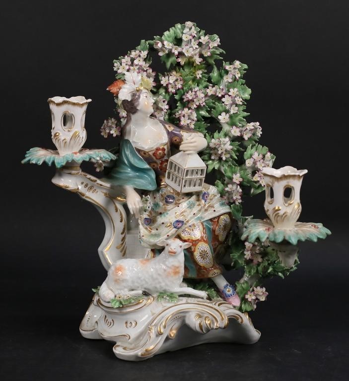 Appraisal: CHELSEA BOCAGE PORCELAIN CANDELABRUM LIBERTYChelsea figural porcelain candelabrum Liberty With