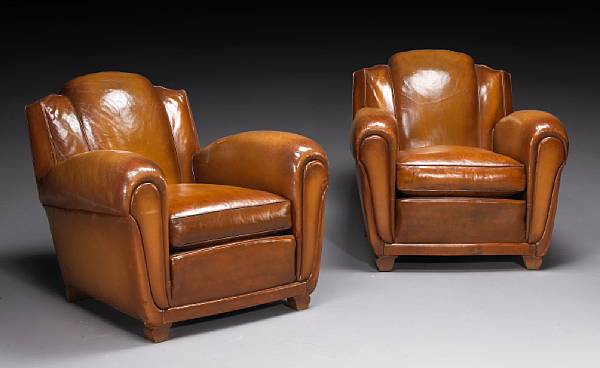 Appraisal: A pair of Art Deco leather club chairs circa Each