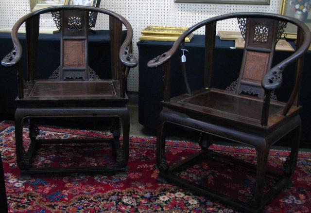 Appraisal: Pair of carved barrel-back Japanese chairs mahogany with burl inlay