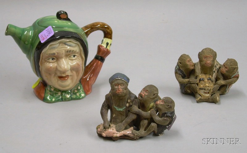 Appraisal: Two Japanese Painted Ceramic Three Monkeys Figural Groups and a